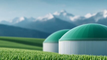 Agricultural renewable energy infrastructure featuring biogas plant, dome tanks, green eco farming landscape