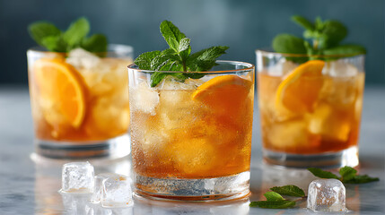 Three iced cocktails with orange and mint on a reflective surface