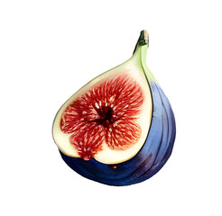 Watercolor fig slice isolated on white, hand painted half fig fruit illustration, exotic tropical food clipart PNG with transparent background, organic gourmet dessert ingredient, botanical design