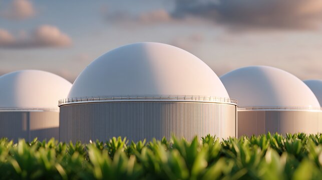 Eco sustainable energy production biogas plant, realistic dome digesters, clean metallic industrial detail