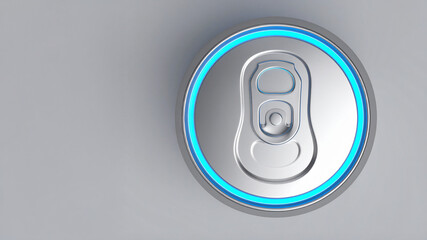 A close-up, top-down view of the top of a silver beverage can with a vibrant blue illuminated ring around the edge. The pull-tab and details of the can's lid are clearly visible against a soft grey ba