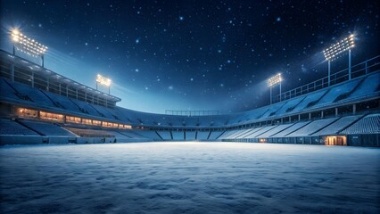 Fototapeta premium Winter stadium snow scene sports arena at night under the stars with bright lights
