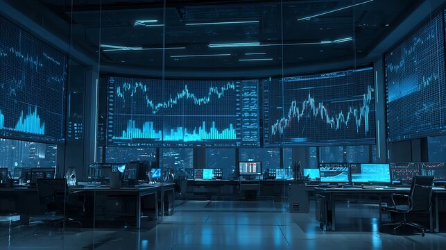 Stock Market Trading Room with Night, Charts, and Data.