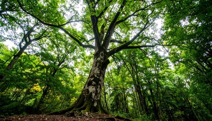 Lush forest canopy with towering tree