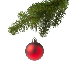 Red Christmas Ornament Hanging from Fir Tree Branch