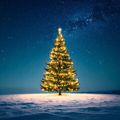 Illuminated Christmas tree in snowy landscape
