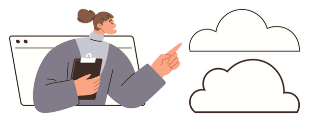 Woman emerging from browser window holding clipboard and pointing at outlined cloud shapes. Ideal for technology, cloud computing, data storage, online learning, teamwork, remote work, digital