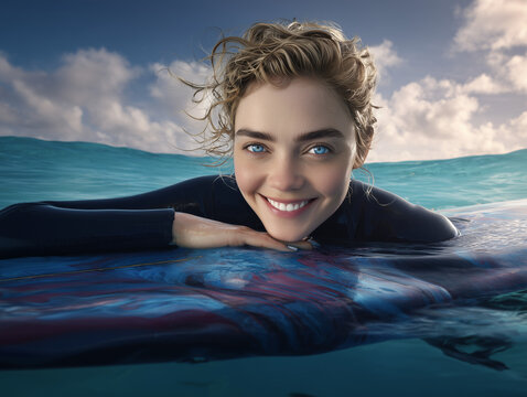 Surfer smiling and relaxing on surfboard in ocean