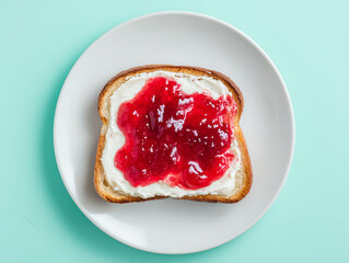 Toasted bread with cream cheese and strawberry jam on white plate and turquoise background