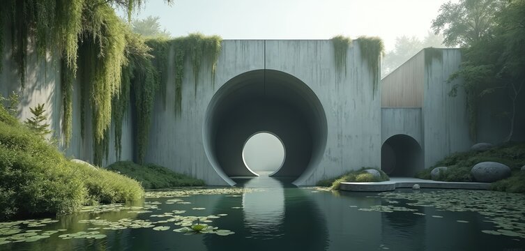 Minimalist concrete structure with circular opening, water reflection. Greenery drapes over building. Serene pond with lily pads reflects tranquil, modern architecture. Geometric design blends - Powered by Adobe