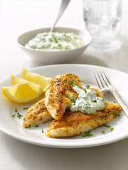 Breaded fish fillets with lemon wedges and yogurt sauce on white plate