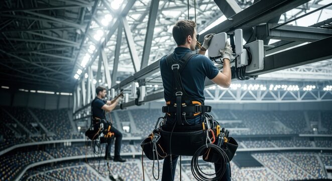 Technicians installing wireless access points on high stadium ceilings enhancing realtime communication and internet access for fans and staff.