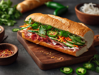 Delicious banh mi sandwich with cilantro and jalapenos resting on cutting board