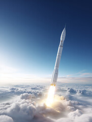 Rocket launching above clouds in a blue sky