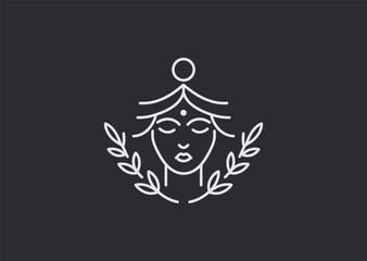 A graceful minimalist beauty goddess logo in clean line art, symbolizing elegance, femininity, and divine charm.