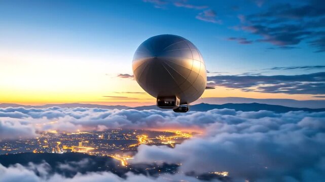 Majestic Airship Soaring Above City Lights at Sunset: Breathtaking Aerial View