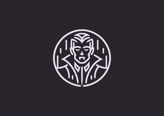 A mysterious minimalist vampire logo in clean line art, symbolizing allure, darkness, and immortality.