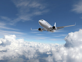 Fototapeta premium White passenger airplane flying above the clouds on blue sky