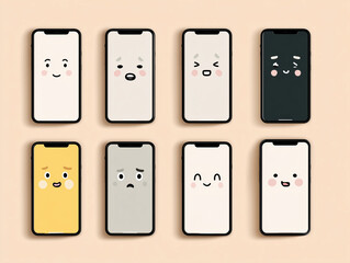 Smartphones showing various emojis on screens expressing different emotions