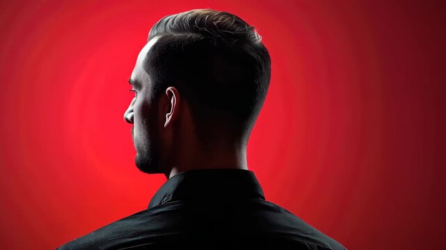 Silhouette of contemplation: A solitary figure silhouetted against a vibrant red backdrop, his profile suggesting deep thought and introspective reflection.  