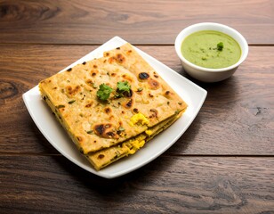 Indian flatbread with cheese filling and chutney