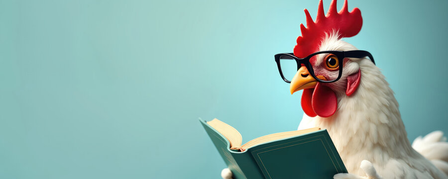 Humorous chicken wearing glasses reads book titled History of Poultry. Illustration features clever, comical bird engrossed in literature, sparking laughter, curiosity. Playful character study