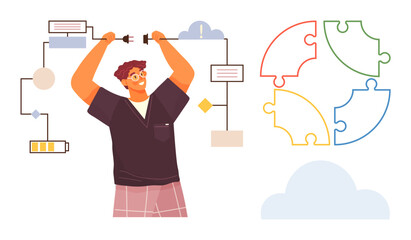 Man connecting wires between workflow structures, puzzle pieces, and cloud representing creative problem-solving. Ideal for collaboration, teamwork, innovation, brainstorming, planning, productivity
