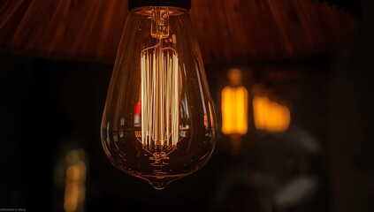 Close-up shot of an illuminated Edison bulb with intricate filament design against a dark, blurred background