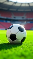 Fototapeta premium Generative AI: A Close-Up Perspective of a Soccer Ball on a Vivid Green Pitch in a Stadium Setting