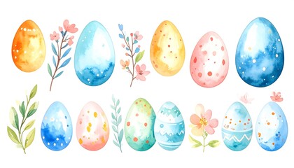Colorful watercolor easter eggs and floral sprigs.