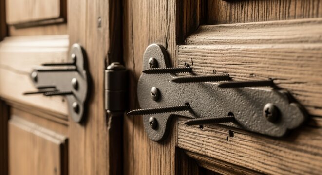 Vintage wooden door with aged hinges upgraded by long screw reinforcement merging classic style with modern durability.