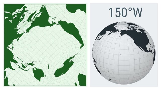 World Map Animation. Gringorten square equal-area projection. Solid color style. Animated world map in Gringorten Quincuncial projection. Loopable animation showing longitude shift and matching globe.