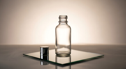 Minimalist Glass Bottle and Lid on Reflective Surface, Studio Photography, Elegant Display