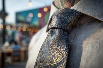 Close-up of a stylish blue and gold paisley tie worn with a light gray dress shirt featuring a textured weave and a blurred outdoor background, bokeh lights.