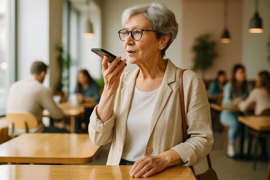 Elderly woman using voice command on smartphone in modern cafe, concept of technology and communication - Powered by Adobe