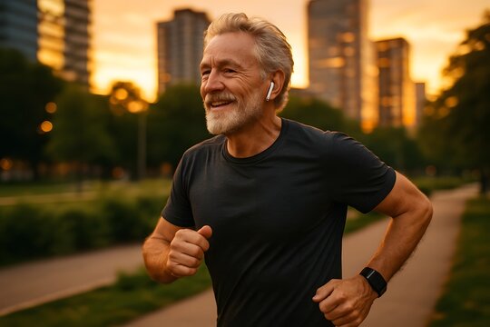 Active senior man jogging in city park at sunset, healthy lifestyle and fitness concept - Powered by Adobe