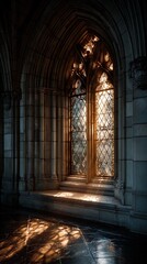 Fototapeta premium A large stained glass window in a stone building.