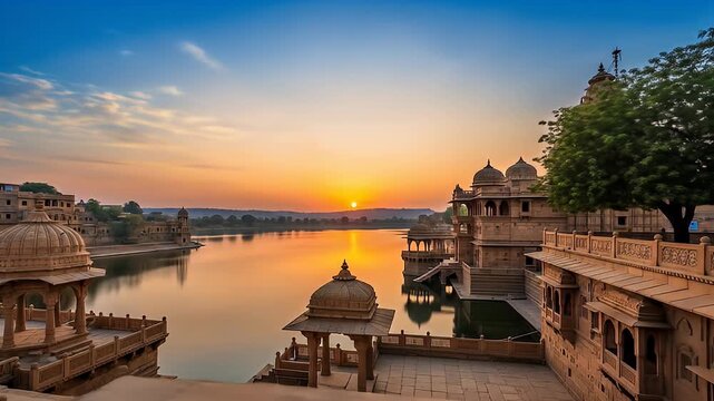 Golden Sunset at Gadsisar Lake in Jaisalmer Featuring Sandstone Buildings Golden Light Reflecting on The Calm Water Under Partly Cloudy Blue Sky