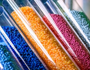 colorful plastic polymer granules showing masterbatch in transparent tubes