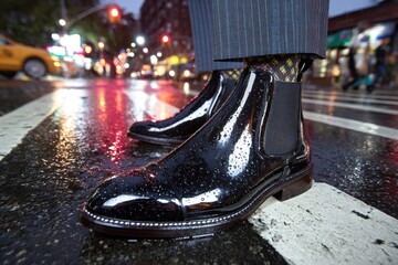 Stylish gentleman wearing shiny black leather Chelsea boots on a rainy city street crossing, paired with patterned socks and a pinstripe suit, blurred city lights reflected.