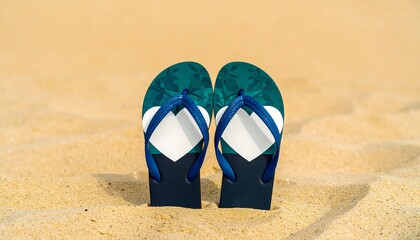 Teal and navy flip-flops on beach sand