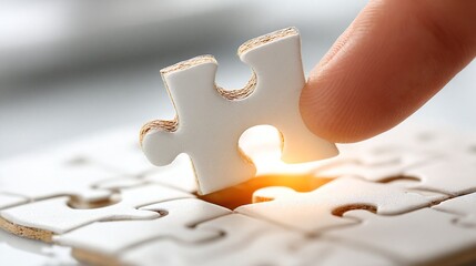 A person placing a piece of a jigsaw puzzle on a table.