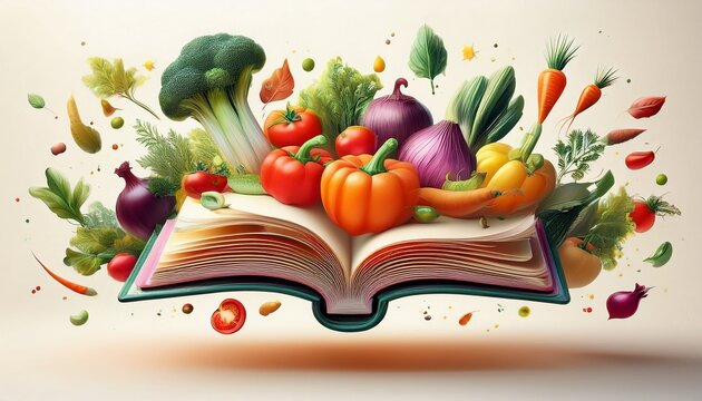 floating cookbook with produce vegetables isolated on white background