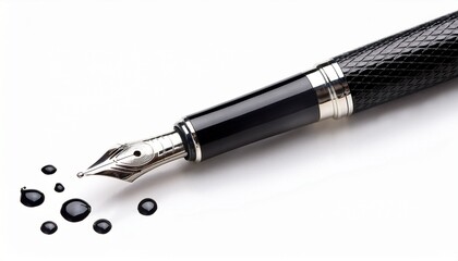 elegant black and silver fountain pen with ink drops isolated on white background