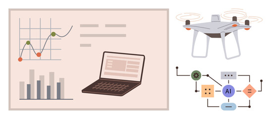 Graphs with data trends, laptop, process flowchart with AI block, and drone illustration. Ideal for AI, machine learning, technology, automation data analysis innovation future applications. Clean