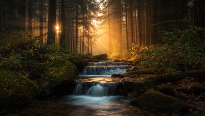 Golden Serenity Sunlit Waters Cascade Through a Mystical Forest, Where Dappled Rays Illuminate Lush Greenery and Ancient Trees, Creating an Ethereal Landscape.