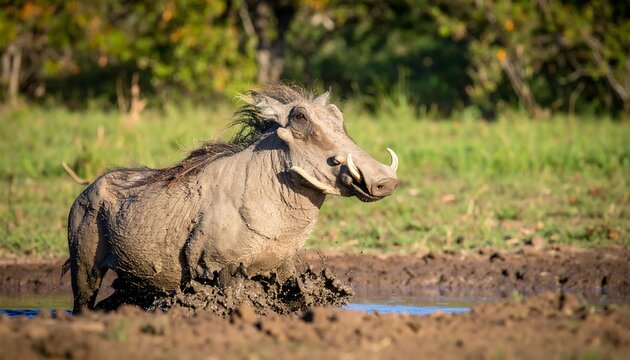 Warthog wallowing in a muddy watering hole.