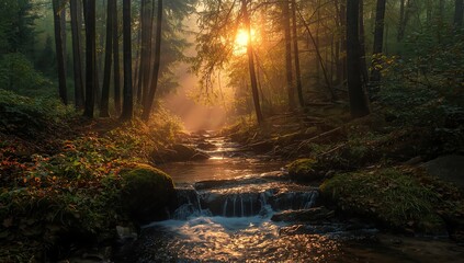 Obraz premium Mystical Forest Stream at Dawn A Sunlit Nature Scene