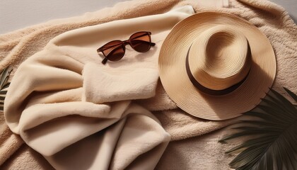 the image shows a beige hat a beige towel and a pair of sunglasses lying on a beige towel