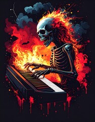Skeletal figure playing piano engulfed in flames